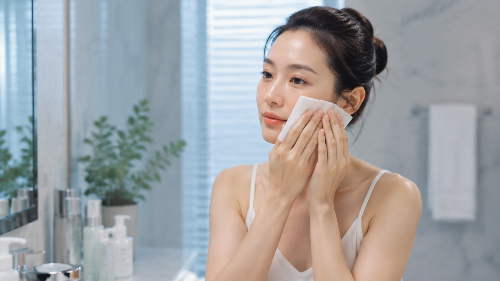 A serene Chinese young woman doing a wet compress 