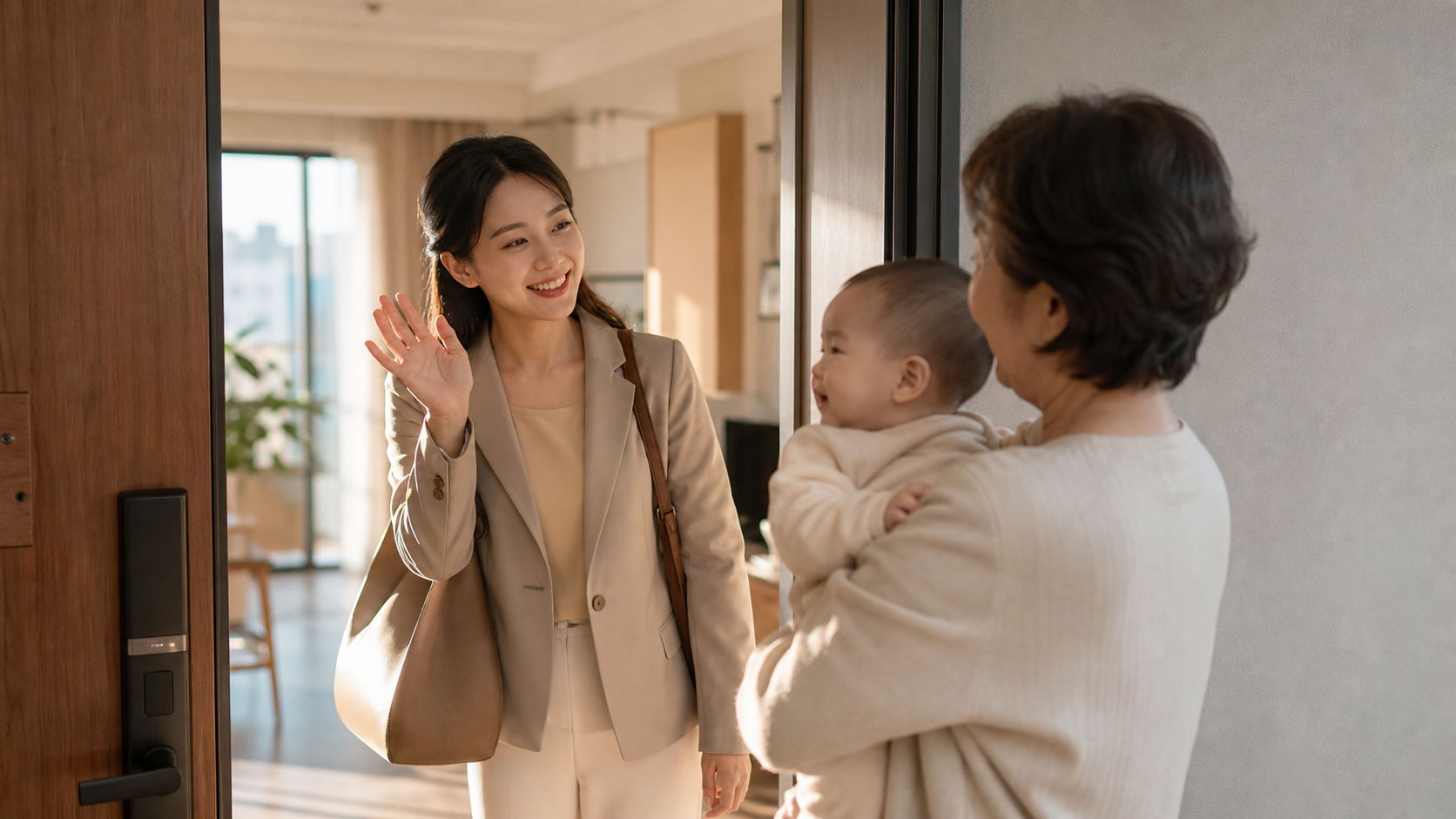 A gentle Chinese young mother smiling and waving g