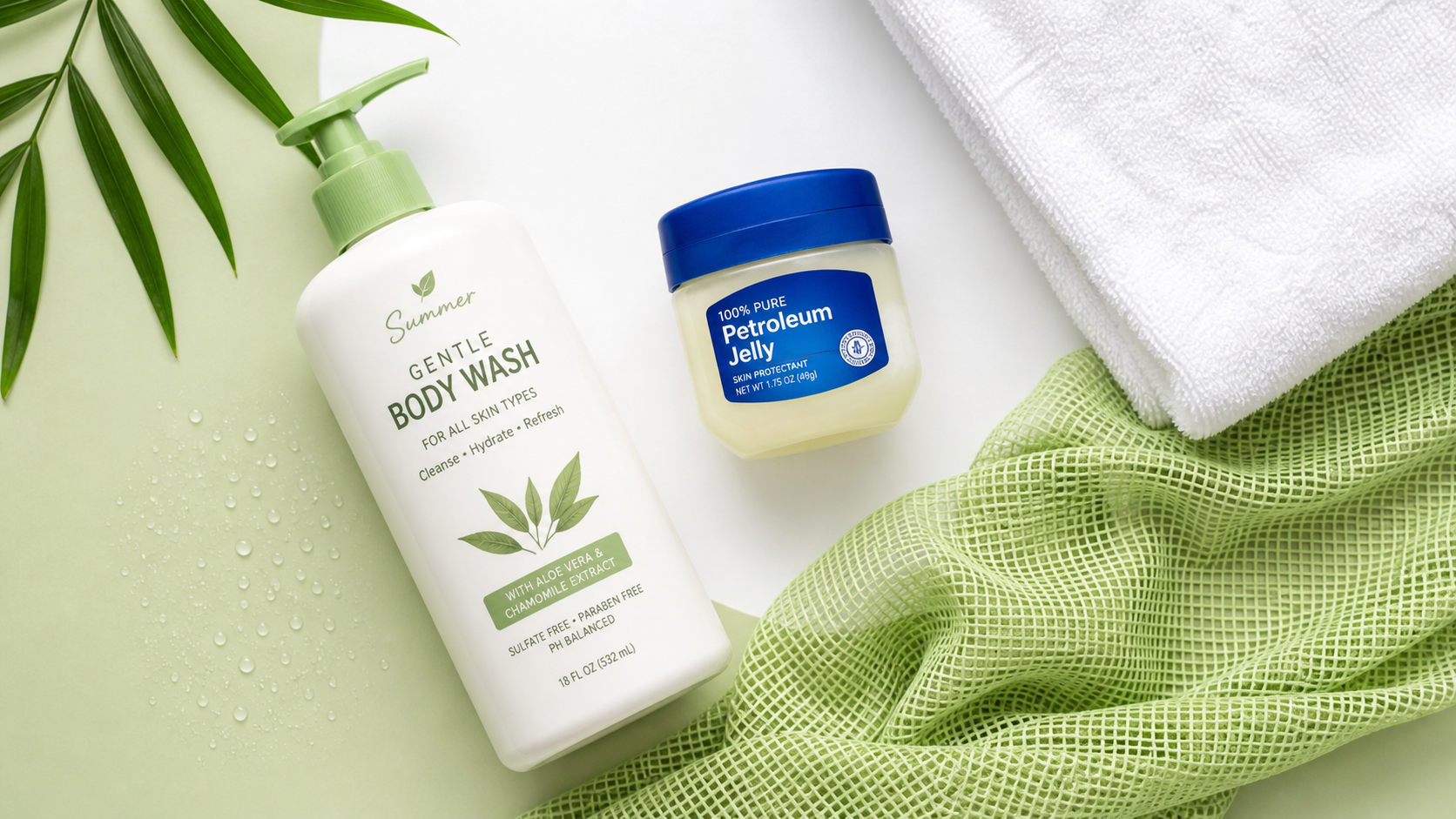 A flat lay composition of summer skincare essentia