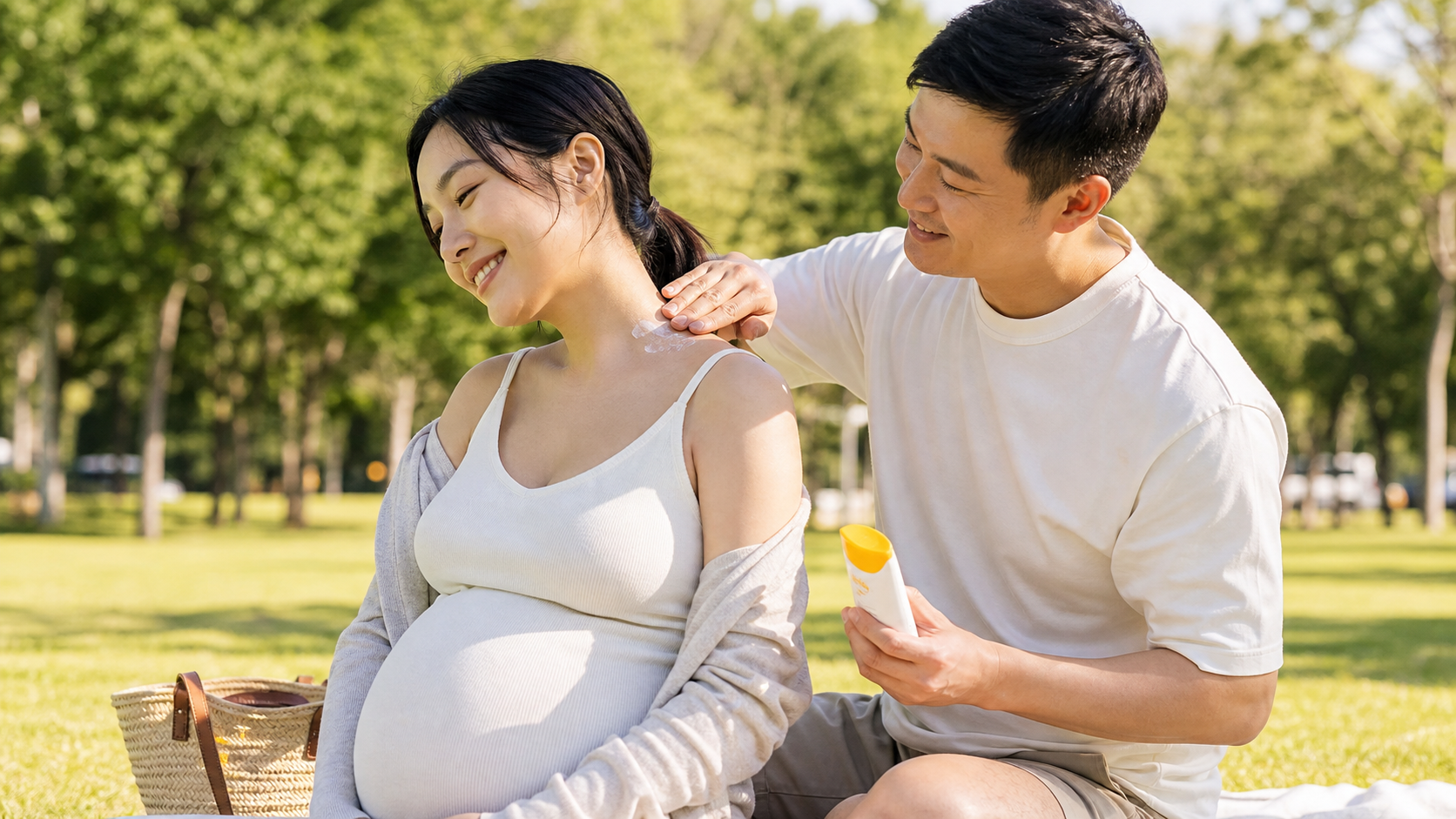 A caring Chinese husband helping his pregnant wife
