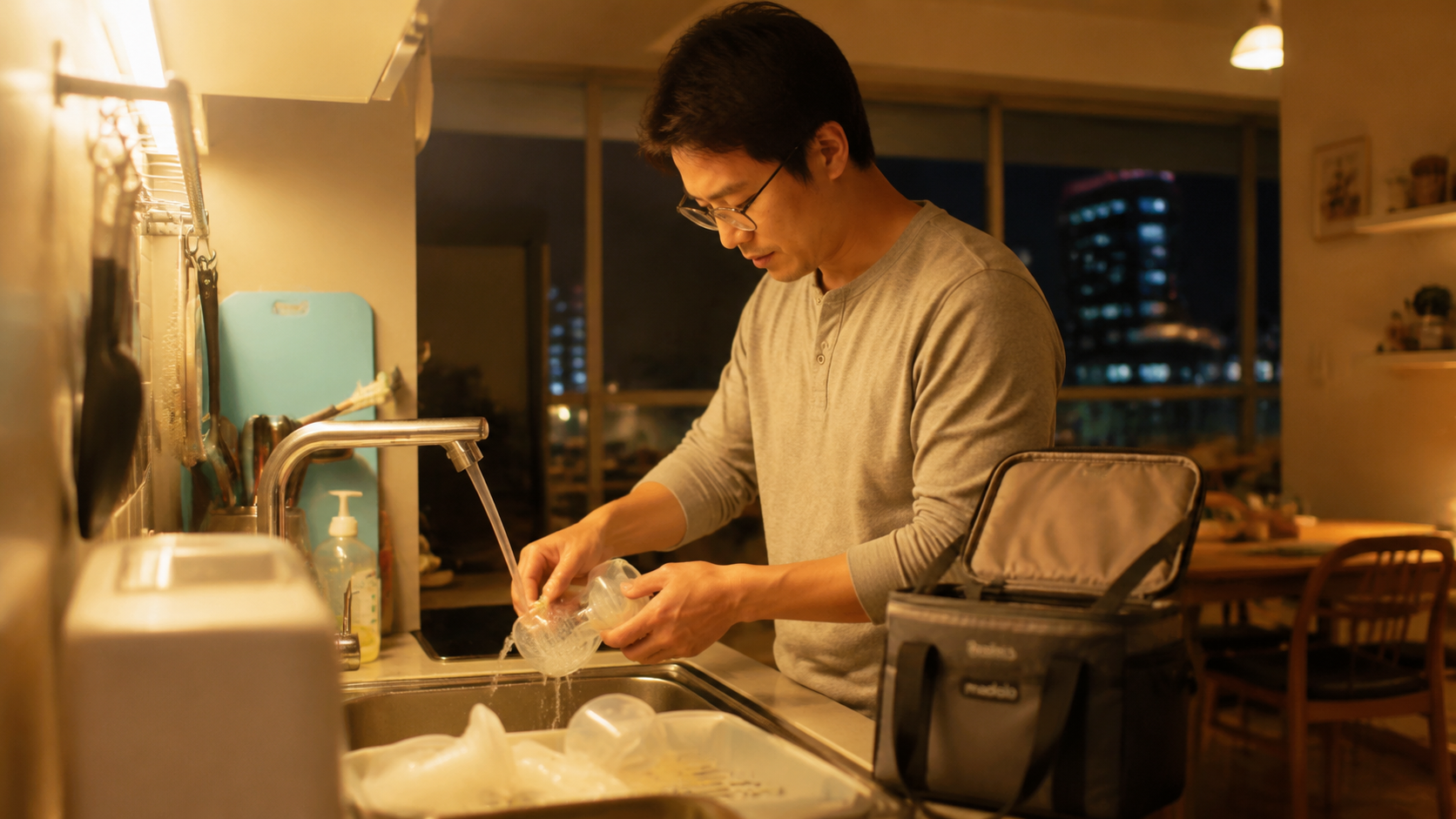 A warm indoor scene at night. A Chinese father is 