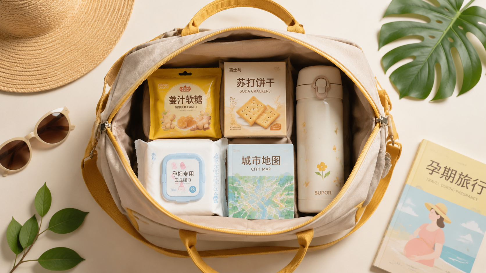 A flat lay top-down view of a stylish travel bag f