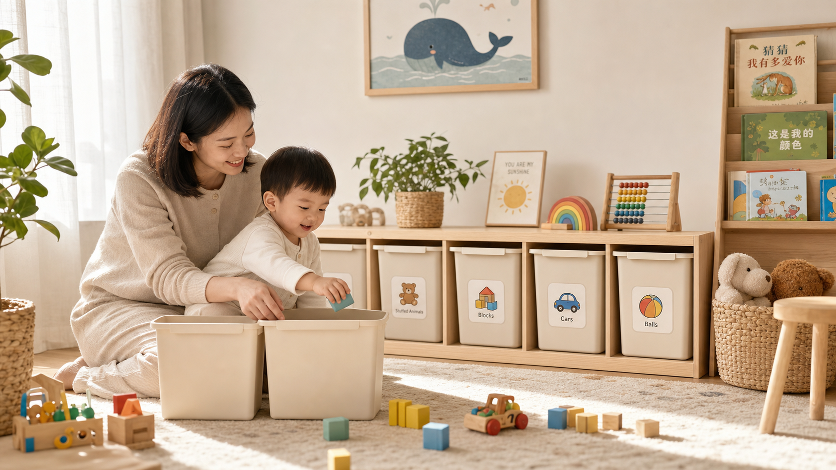 A beautifully organized children's playroom with l