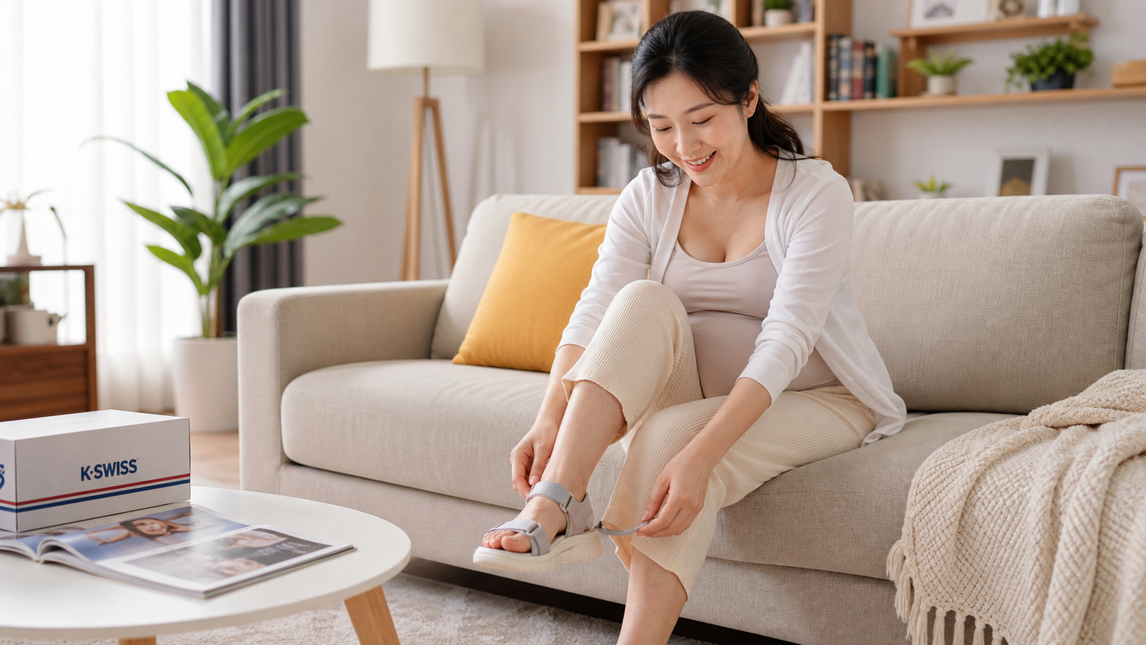A beautiful Chinese pregnant woman sitting on a co