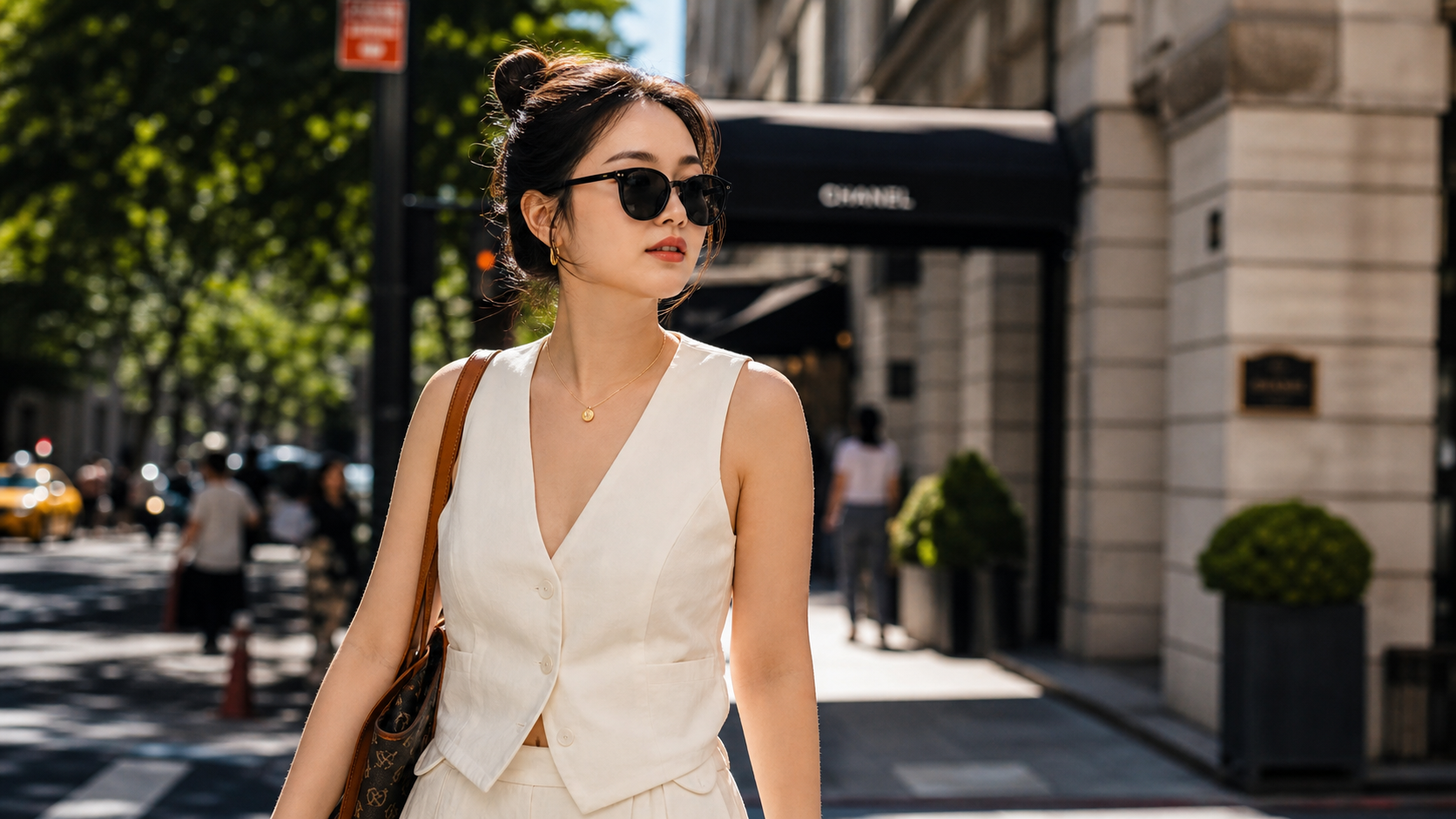 A stylish Chinese female model with a round face w