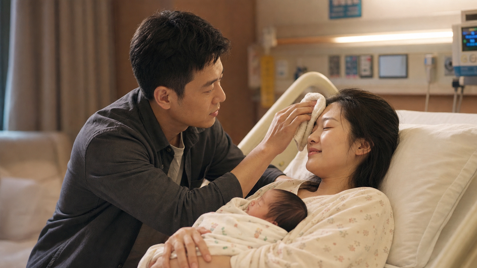 A caring Chinese father in a hospital room, gently