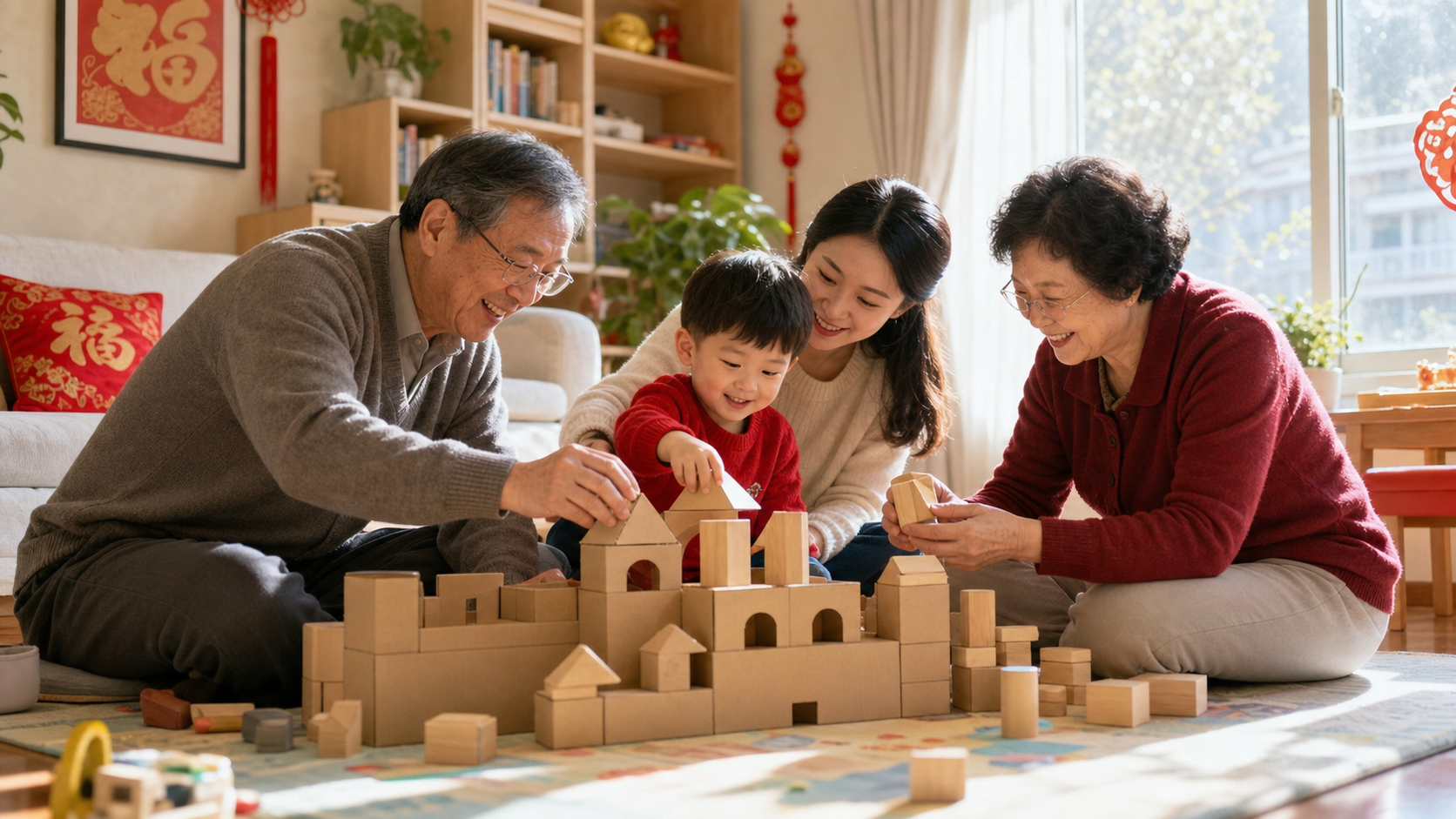 A heartwarming scene in a bright Chinese home. Chi