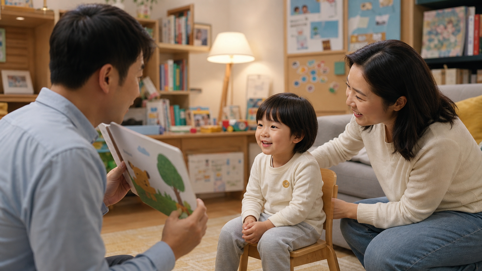 A warm indoor scene showing a Chinese family pract