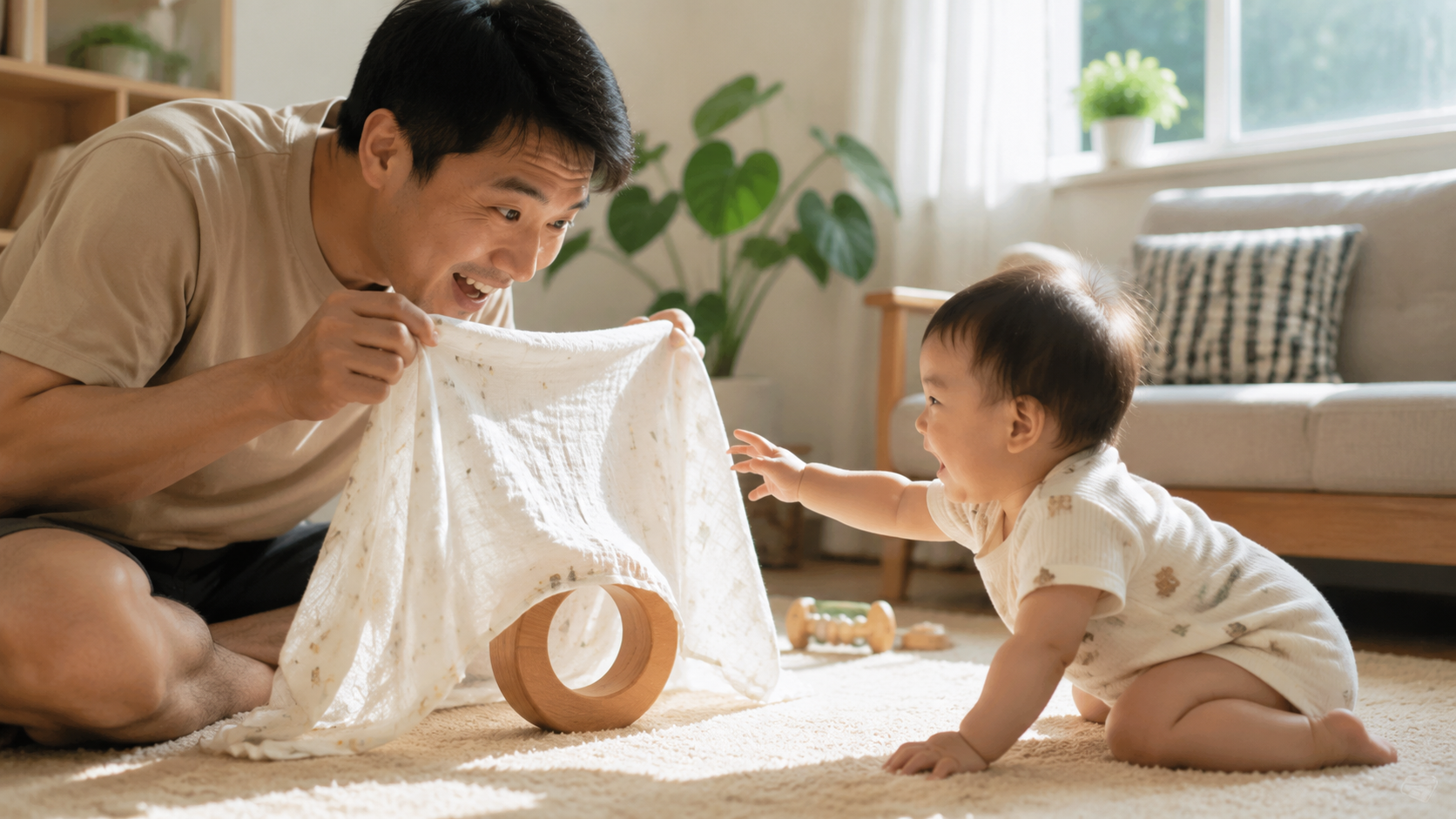 A Chinese father playing peek-a-boo with his 10-mo
