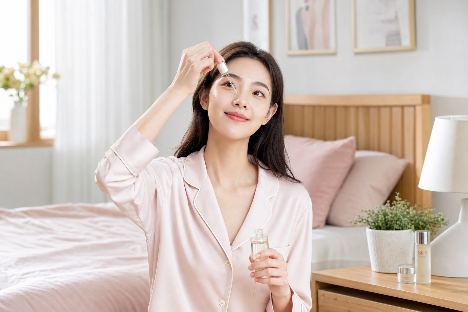 A beautiful Chinese woman in a bright, clean bedro