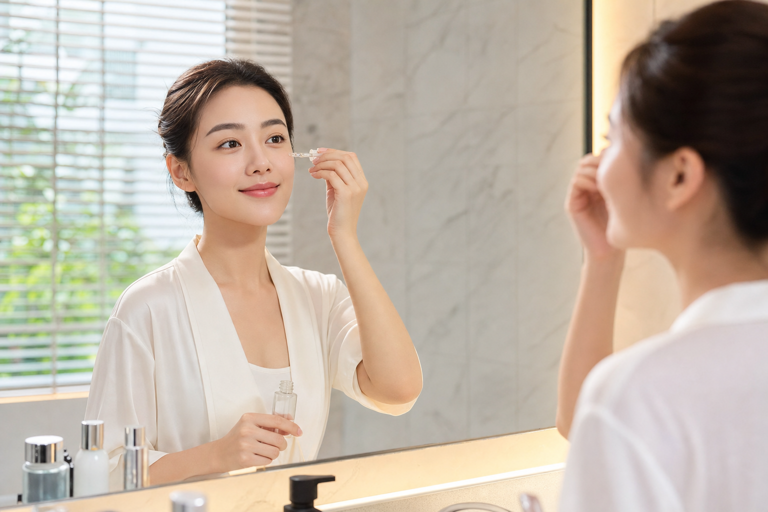 A beautiful 30-year-old Chinese woman applying ski