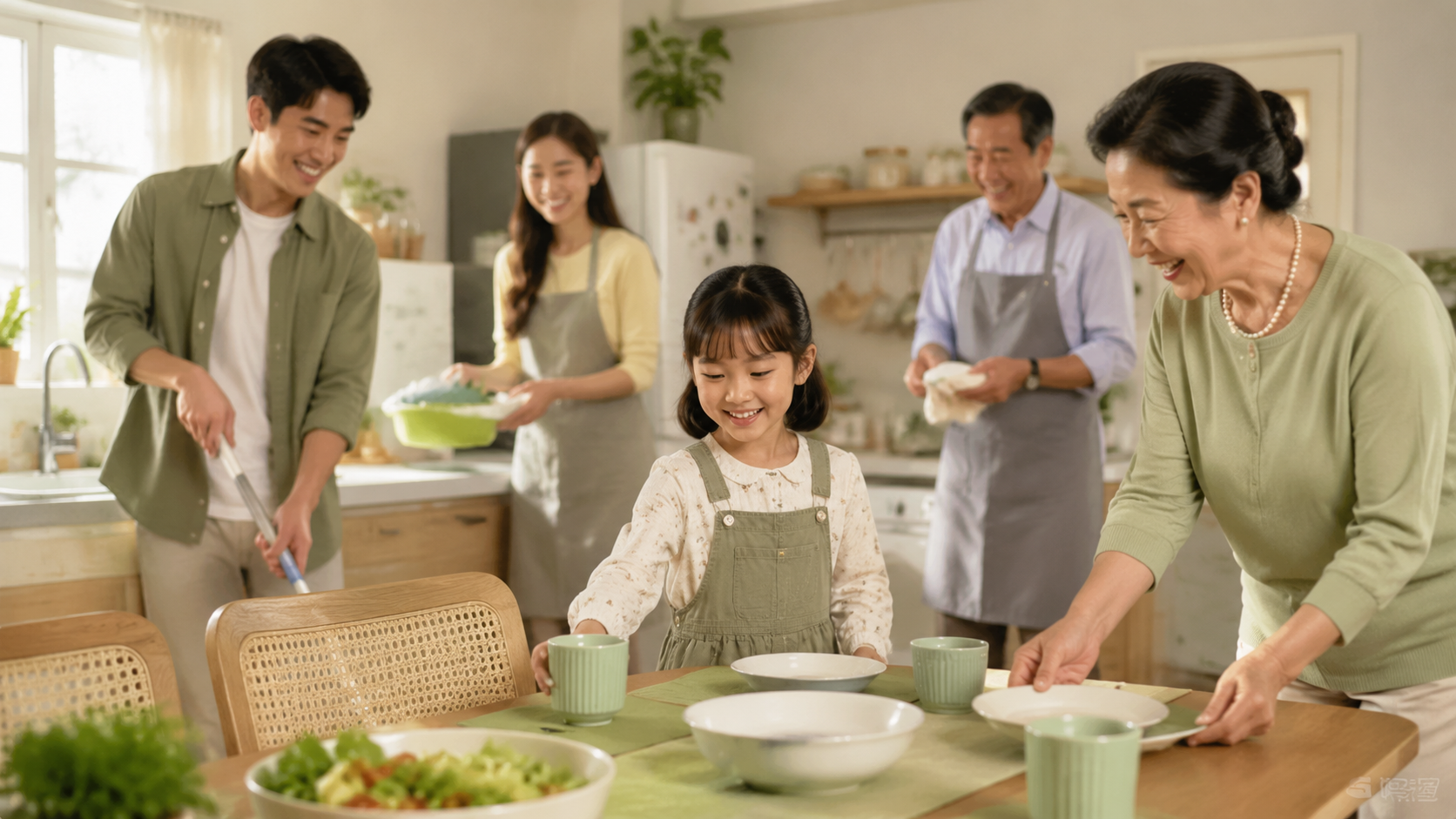 A happy Chinese family consisting of parents, gran