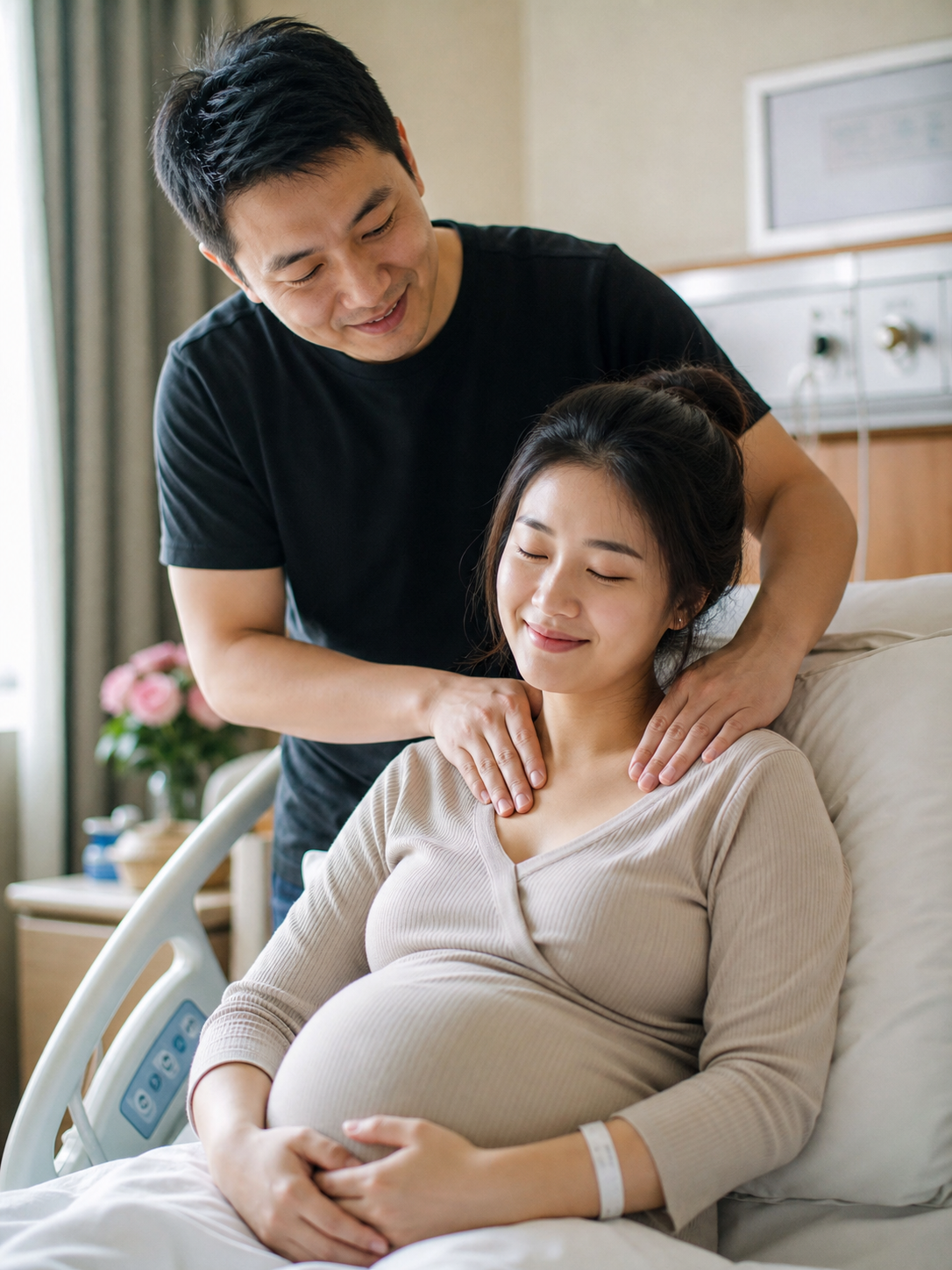 A caring Chinese husband gently massaging his preg