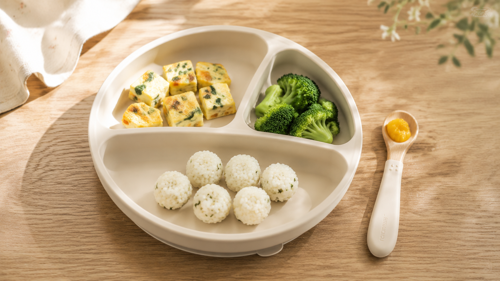 A beautifully arranged baby suction plate on a woo