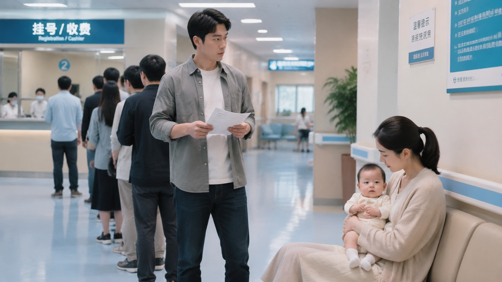 A young Chinese father holding paperwork and stand