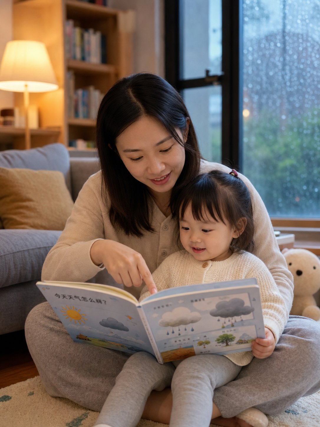 A gentle Chinese mother reading a weather picture 