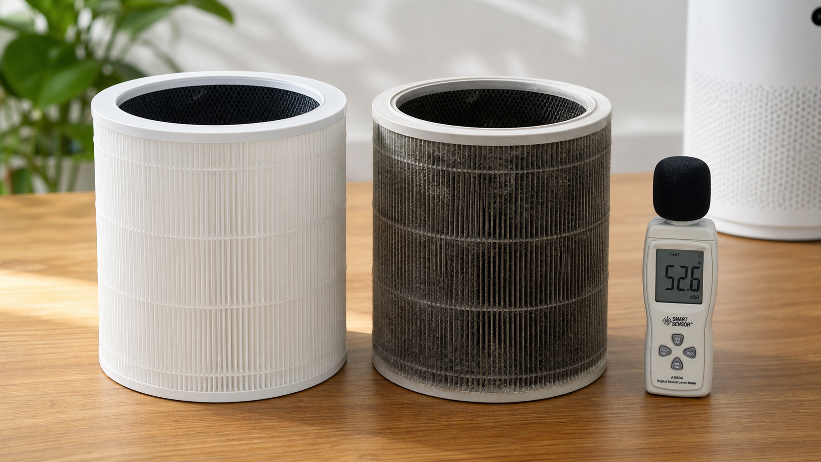 A detailed close-up shot of two air purifier filte