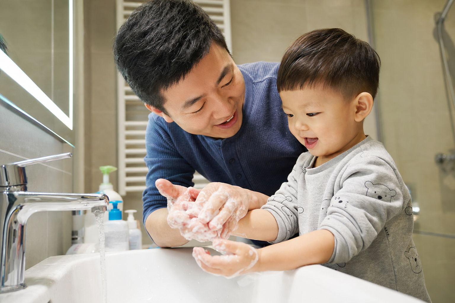 A heartwarming scene of a Chinese father and his 2