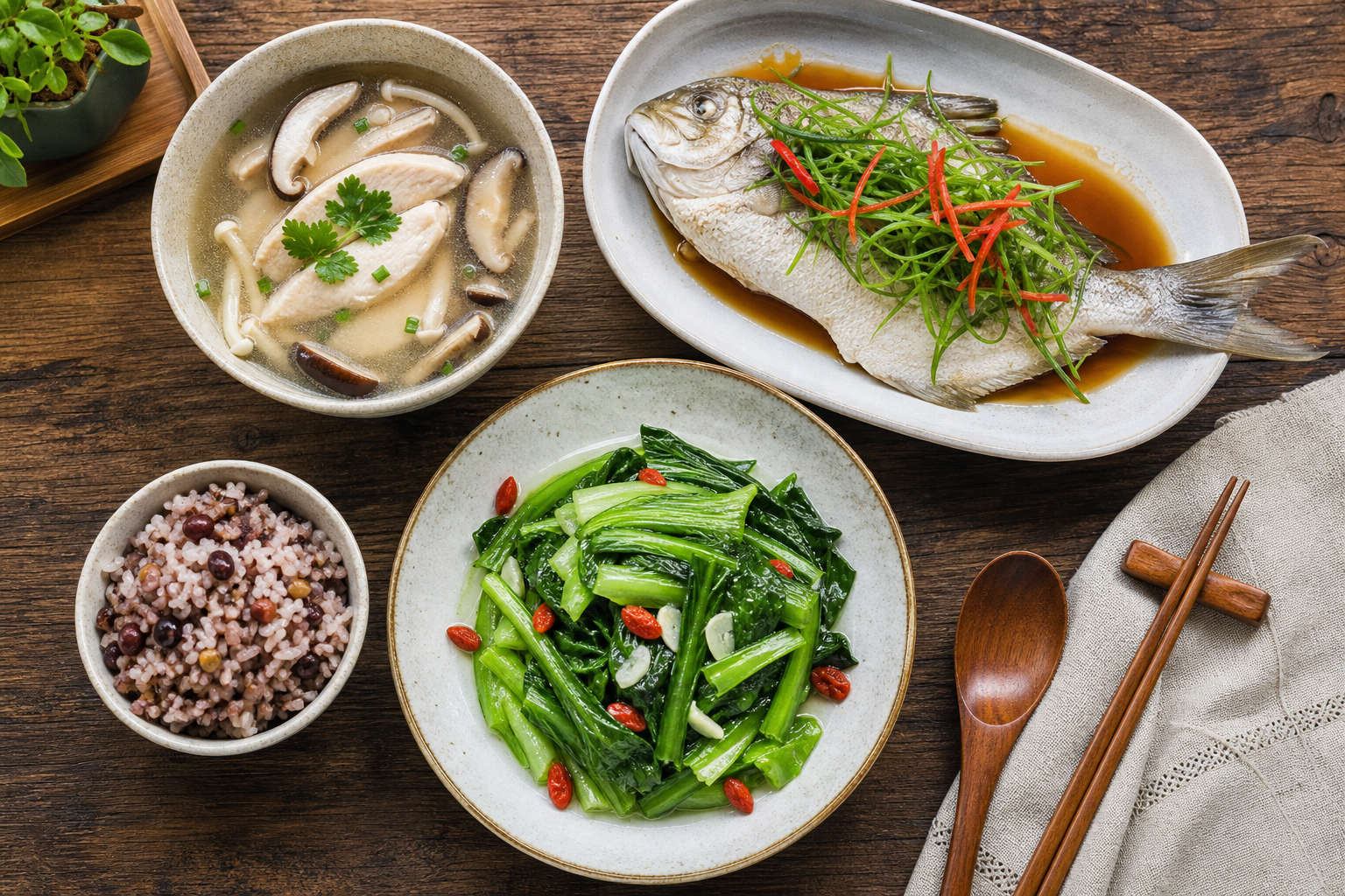 A top-down view of a healthy, balanced Chinese mea