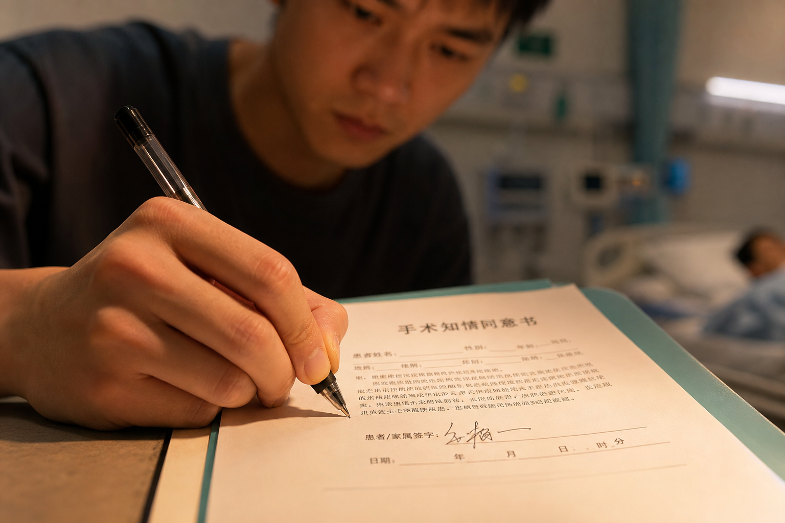 Close-up shot of a young Chinese man's hand signin