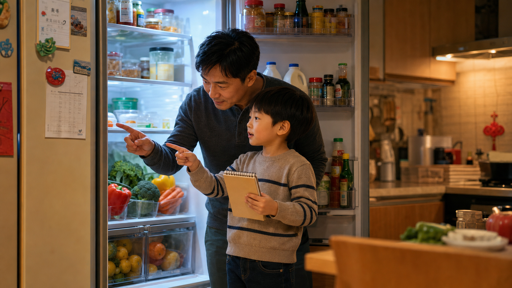 A Chinese father and his young son standing in fro