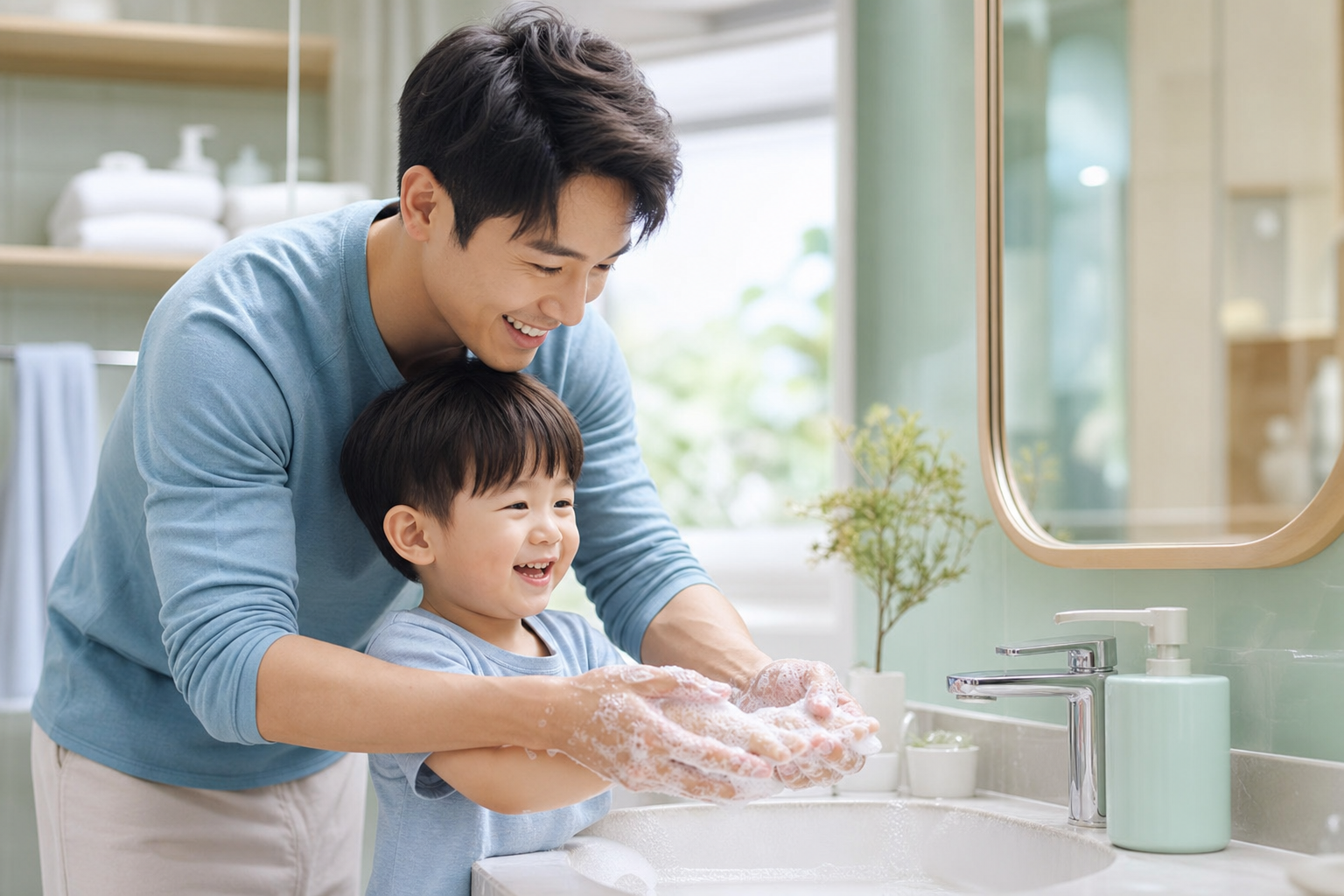 A heartwarming scene in a bright, modern bathroom.