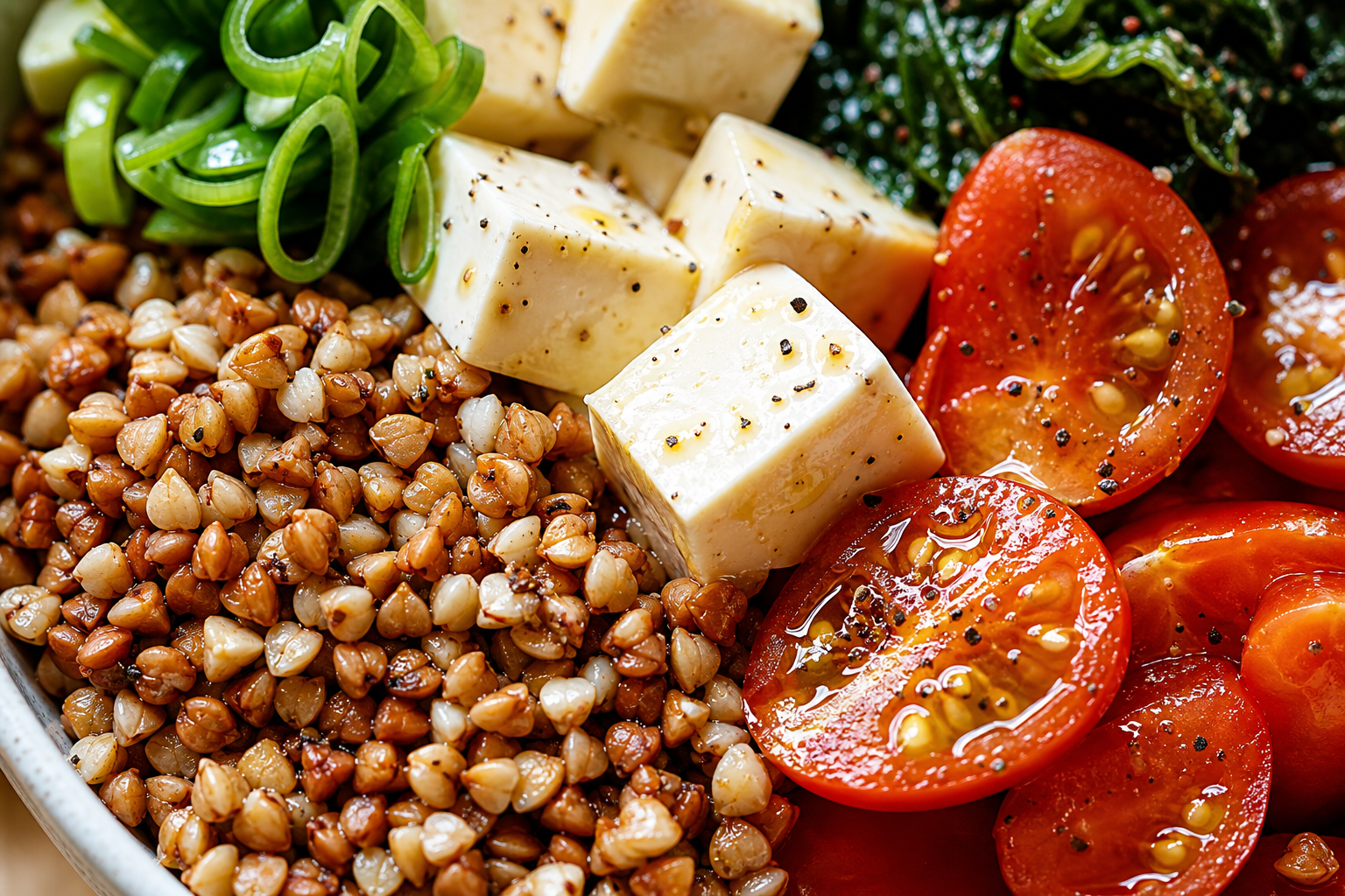 Extreme macro shot of a healthy grain bowl, focusi