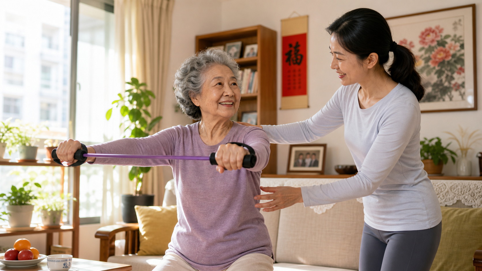A heartwarming scene of an elderly Chinese woman d