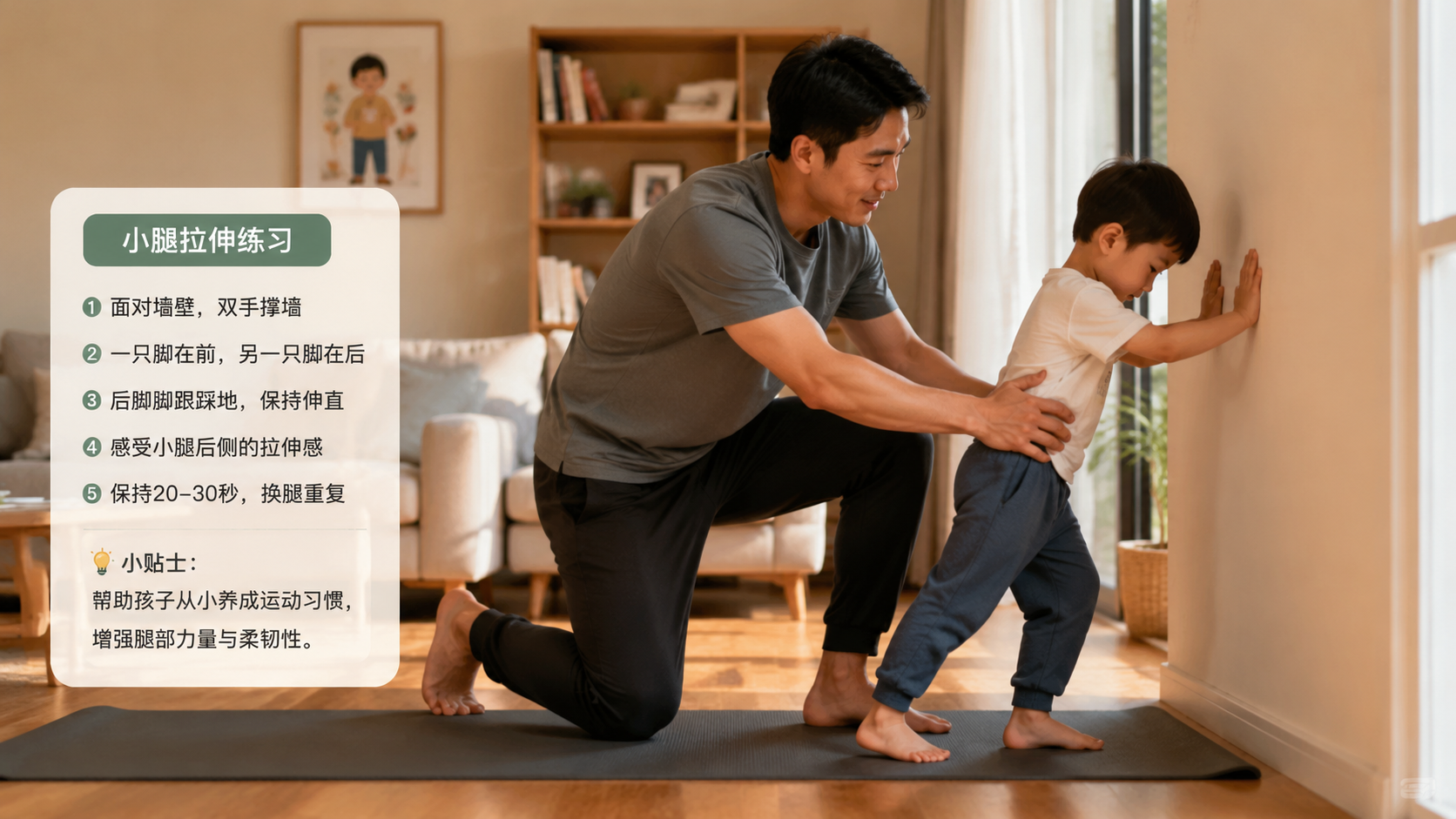 A warm indoor scene of a young Chinese father guid
