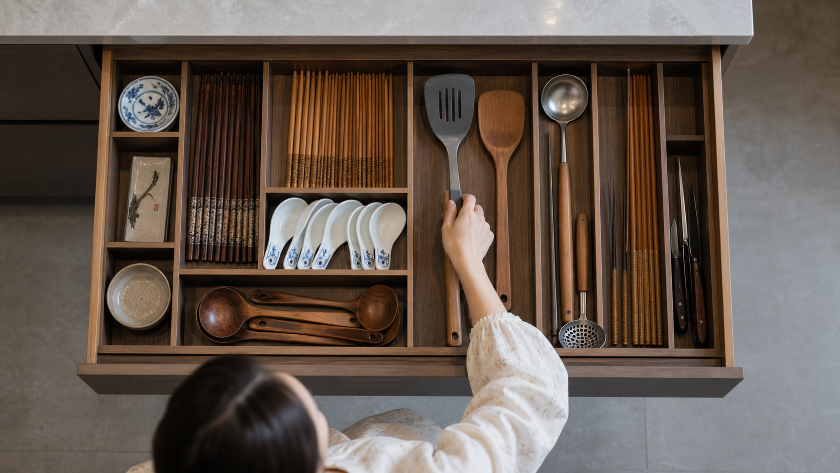 A top-down view of an open kitchen drawer in a mod