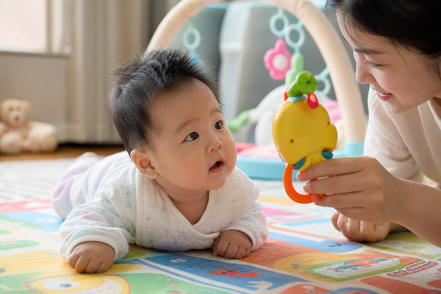 A cute 3-month-old Chinese baby doing tummy time o