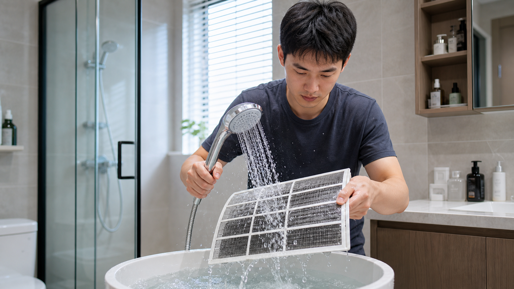 A responsible Chinese young father carefully washi