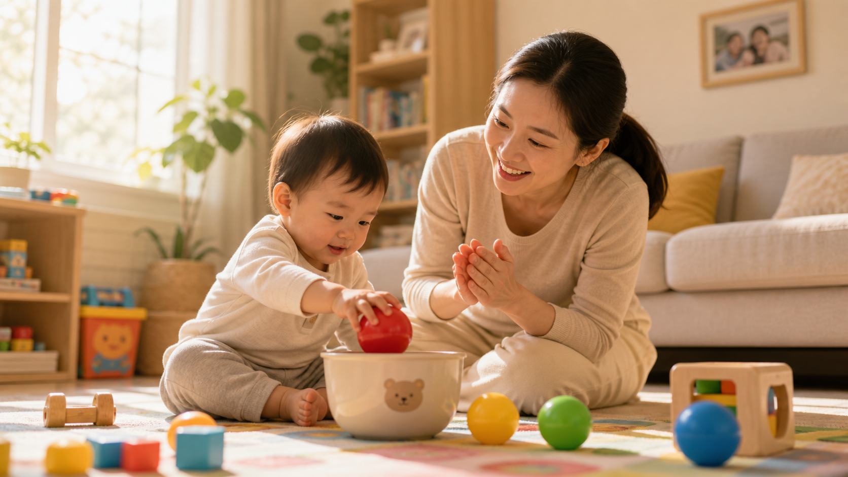 A gentle Chinese mother smiling and encouraging he