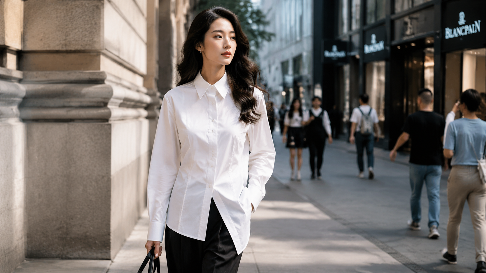 A fashionable Chinese woman walking on a modern ci