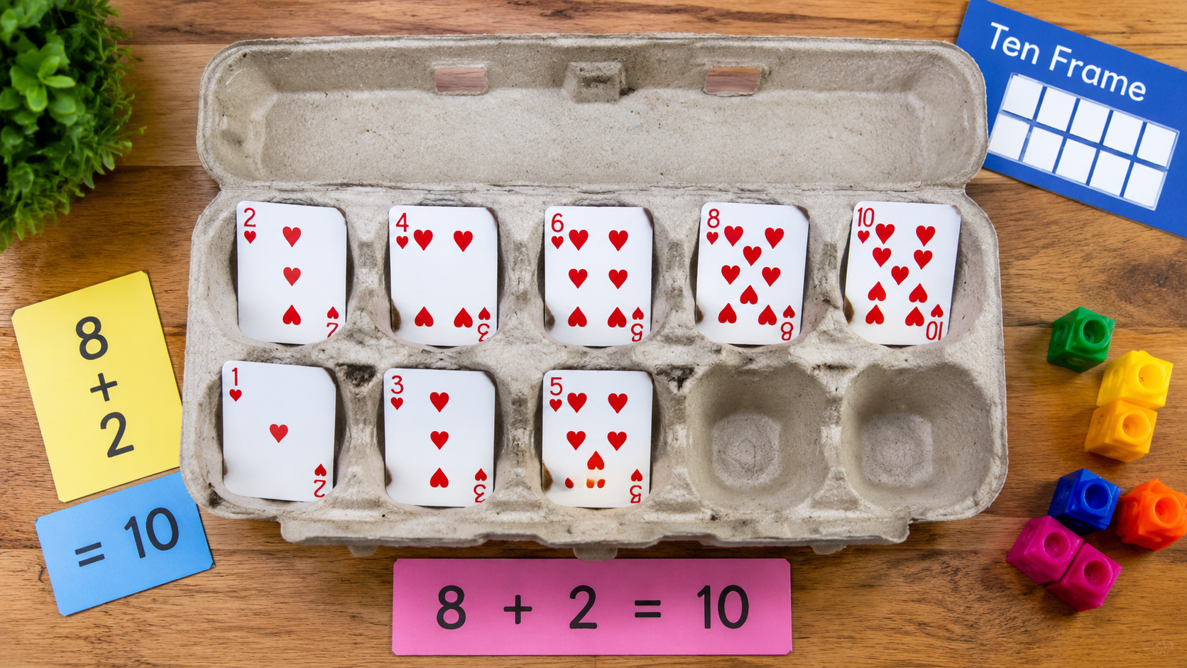 A top-down view of an egg carton used as a math te