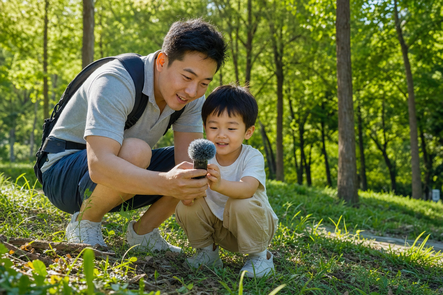 A Chinese father and his little child in a sunny s