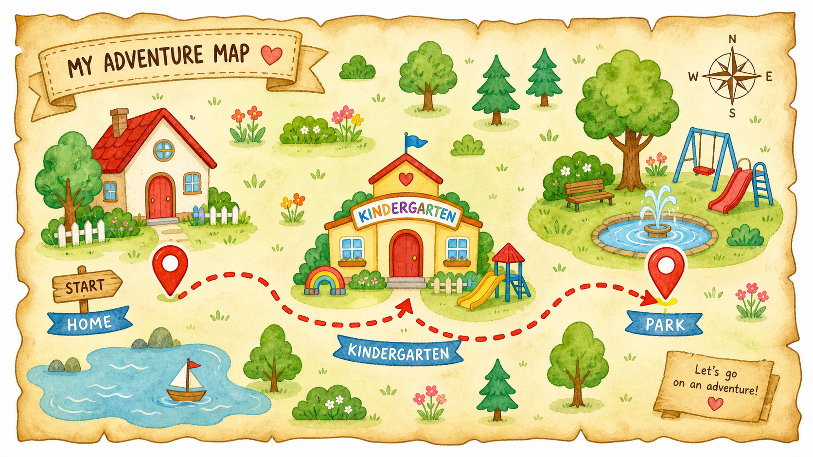 A cute and colorful hand-drawn treasure map for ki