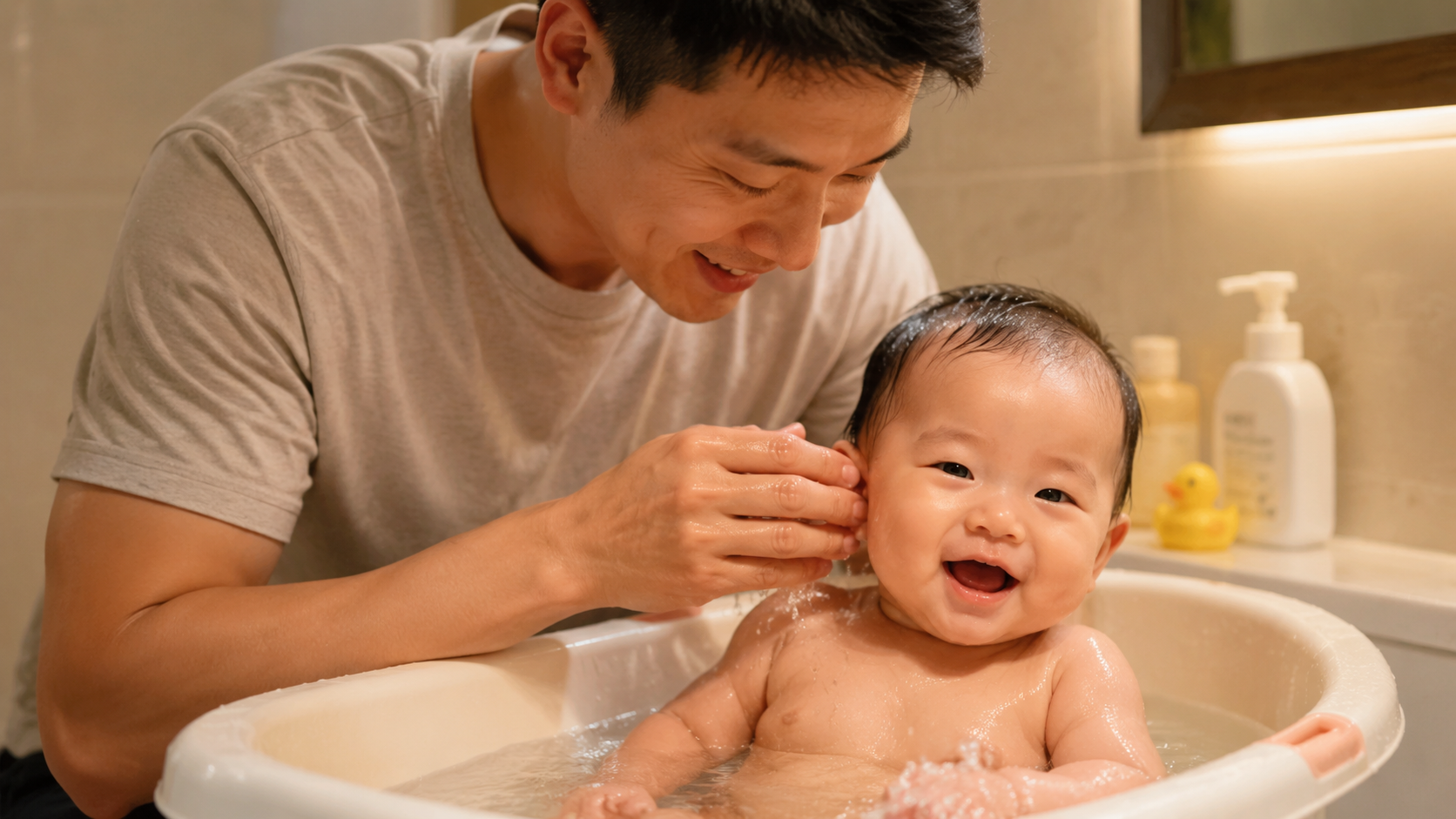 A caring Chinese father bathing a happy Chinese ba