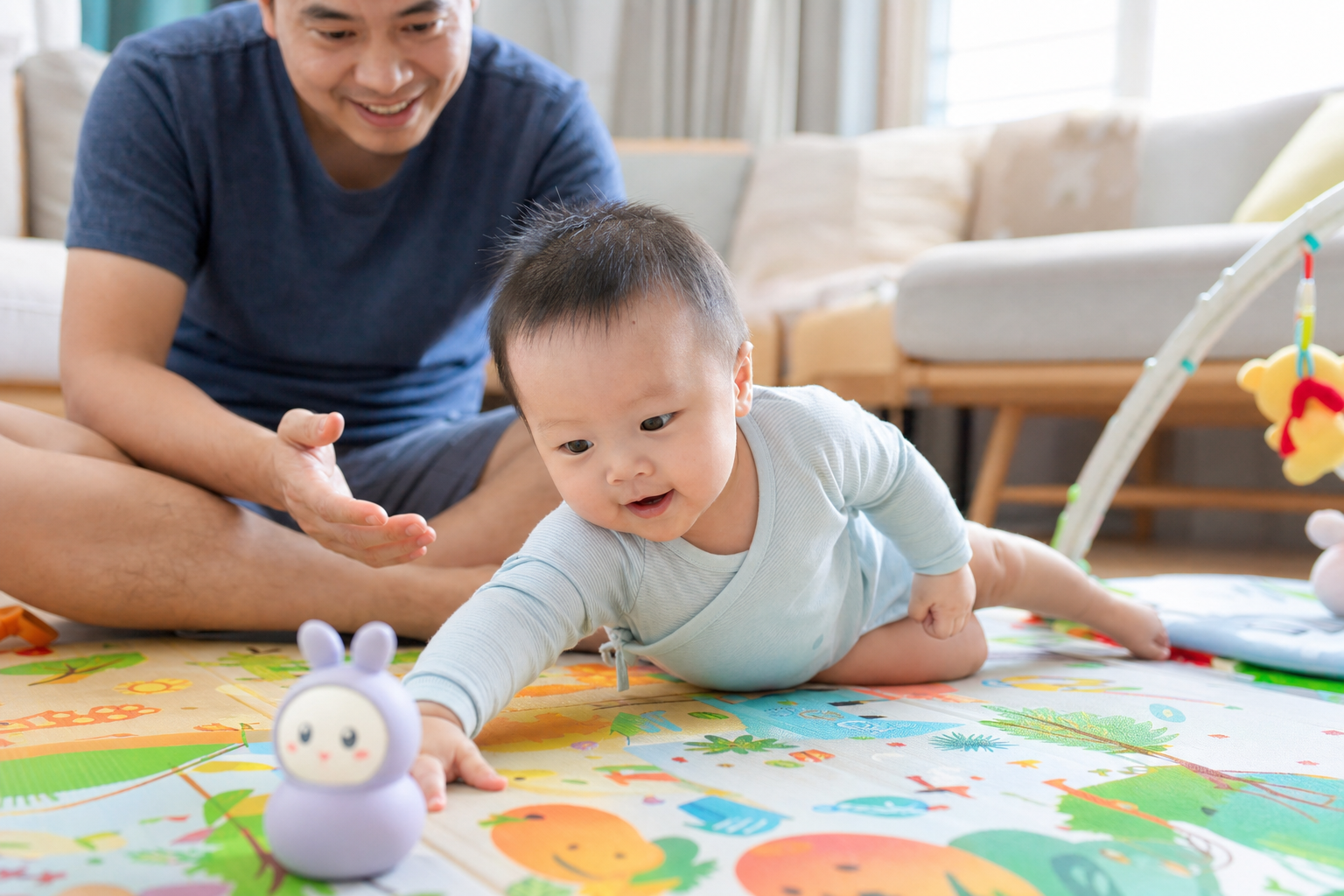 A cute Chinese baby practicing side support on a c