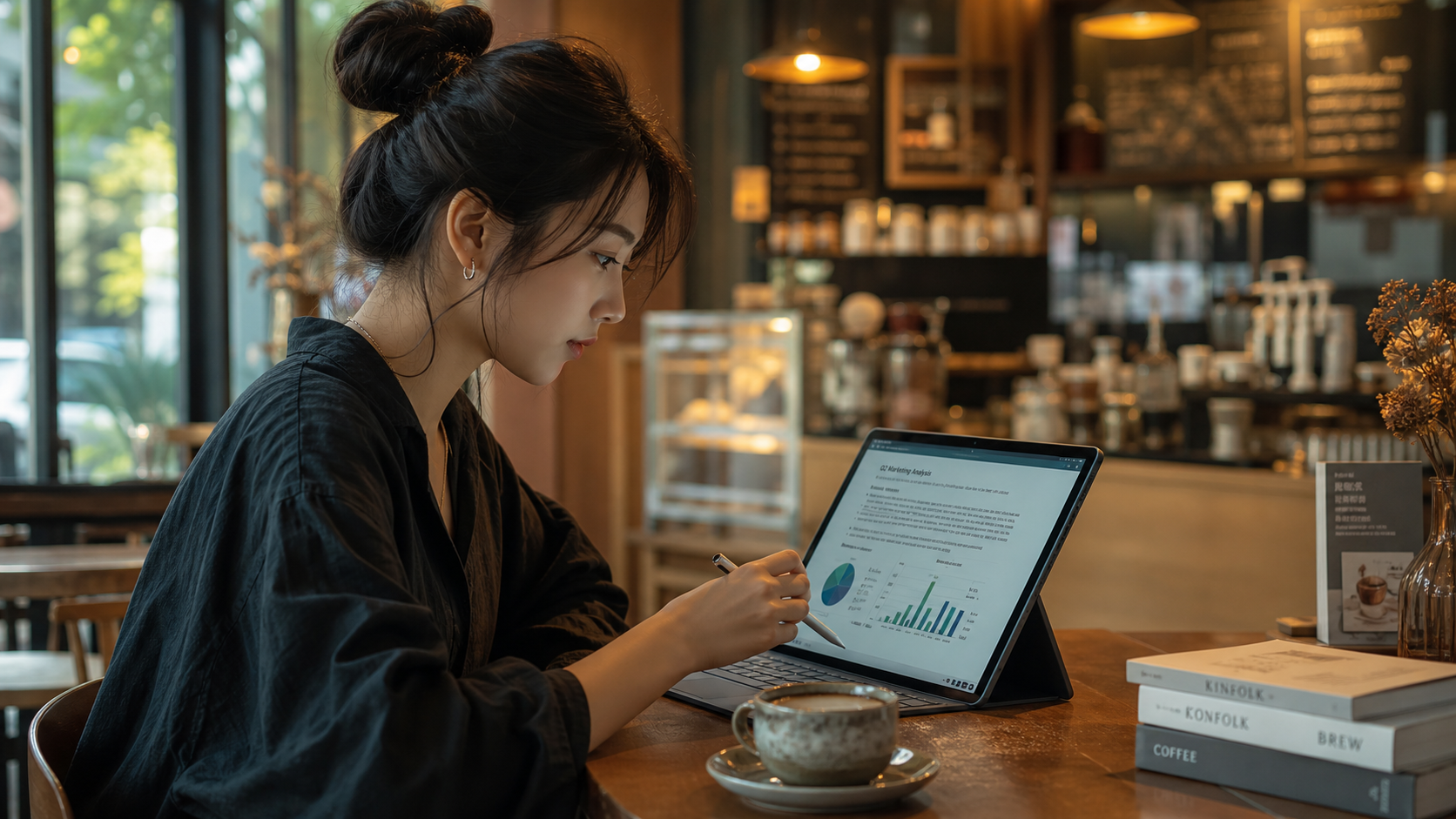 A Chinese female freelancer sitting in a modern ca