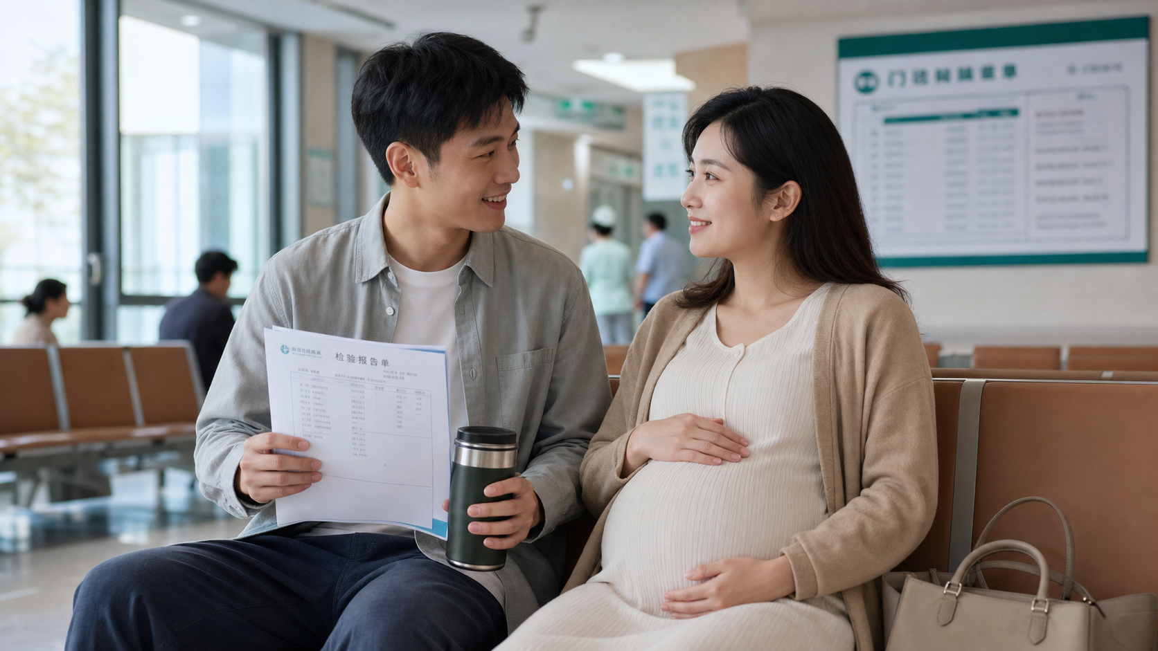 A caring Chinese young husband holding medical doc