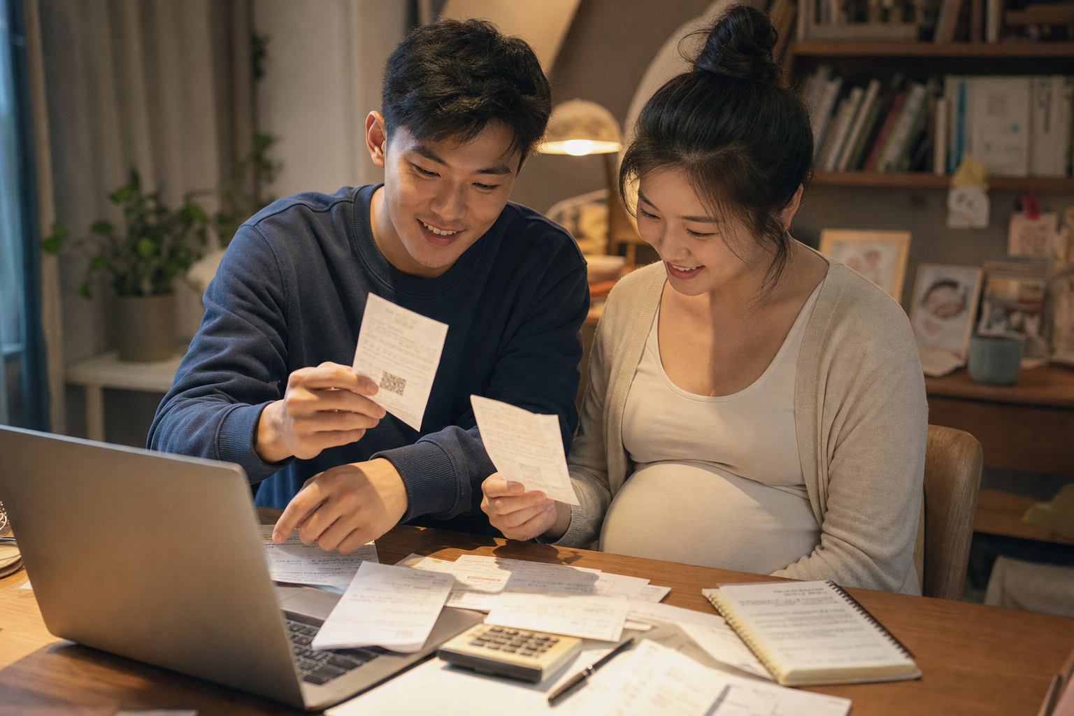 A young Chinese husband and his pregnant wife sitt