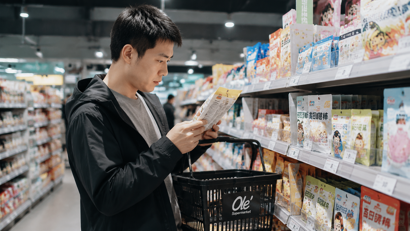 A young Chinese father standing in a brightly lit 
