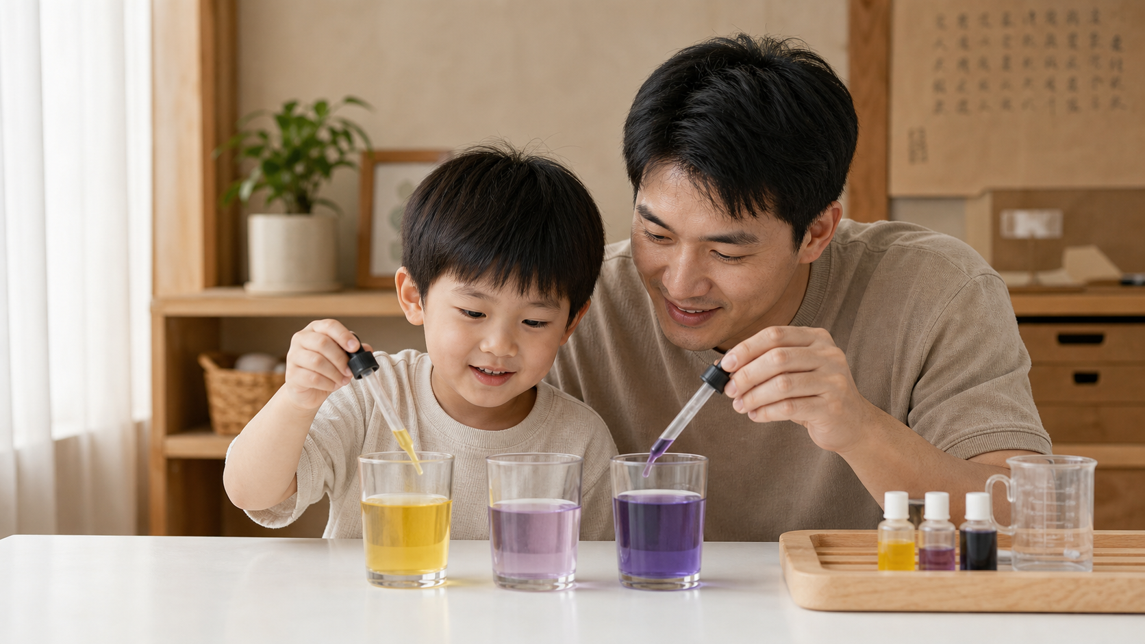 A 5-year-old Chinese boy and his father doing a co