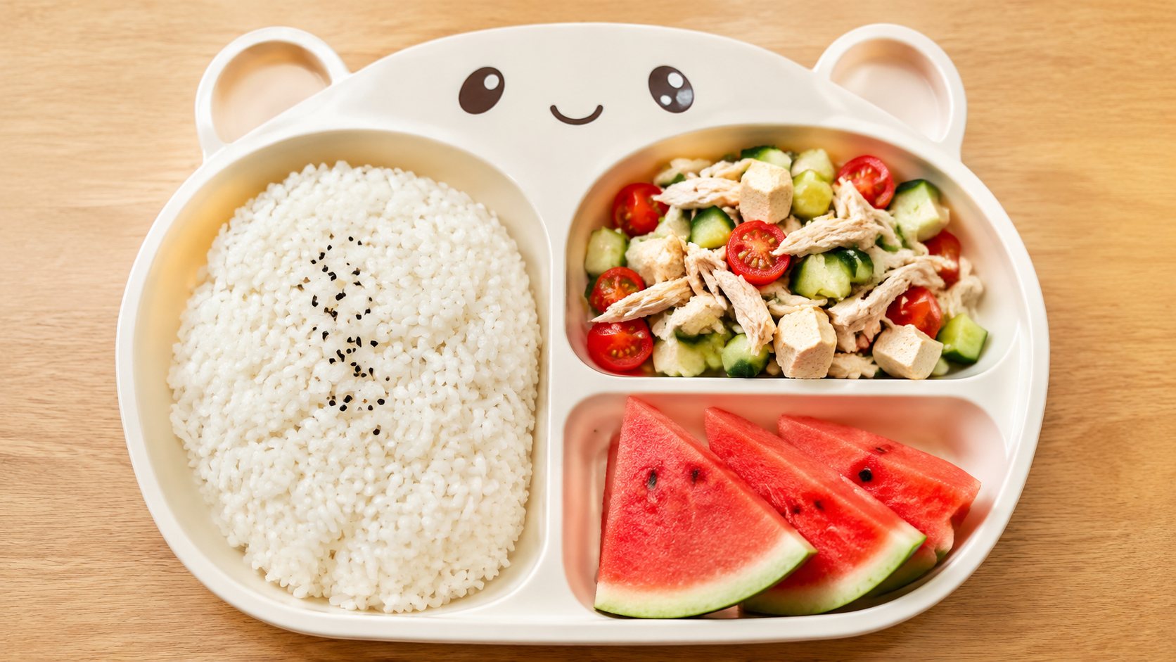 A top-down view of a refreshing Chinese kids' meal