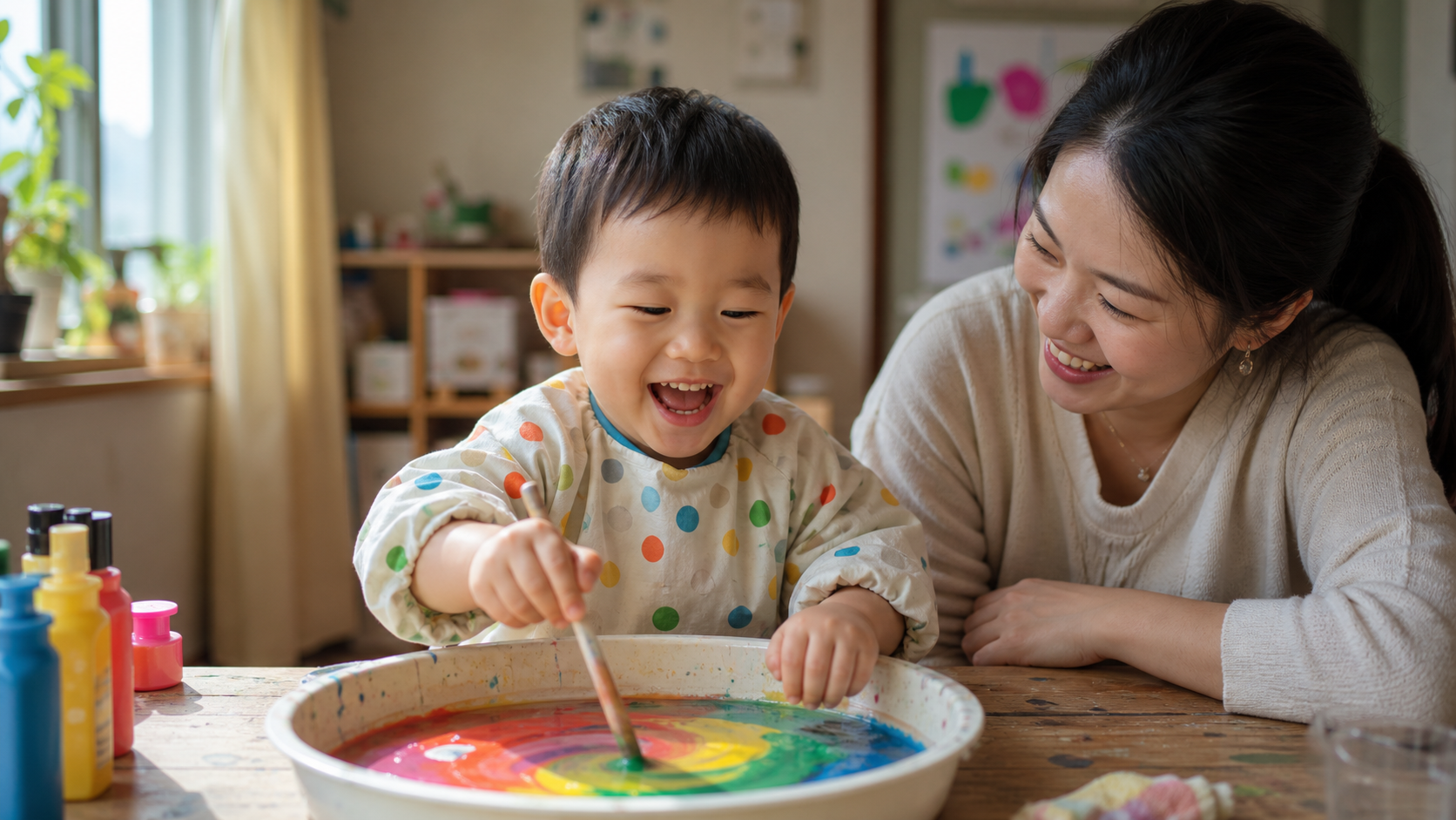 A cute 2-year-old Chinese toddler mixing safe colo