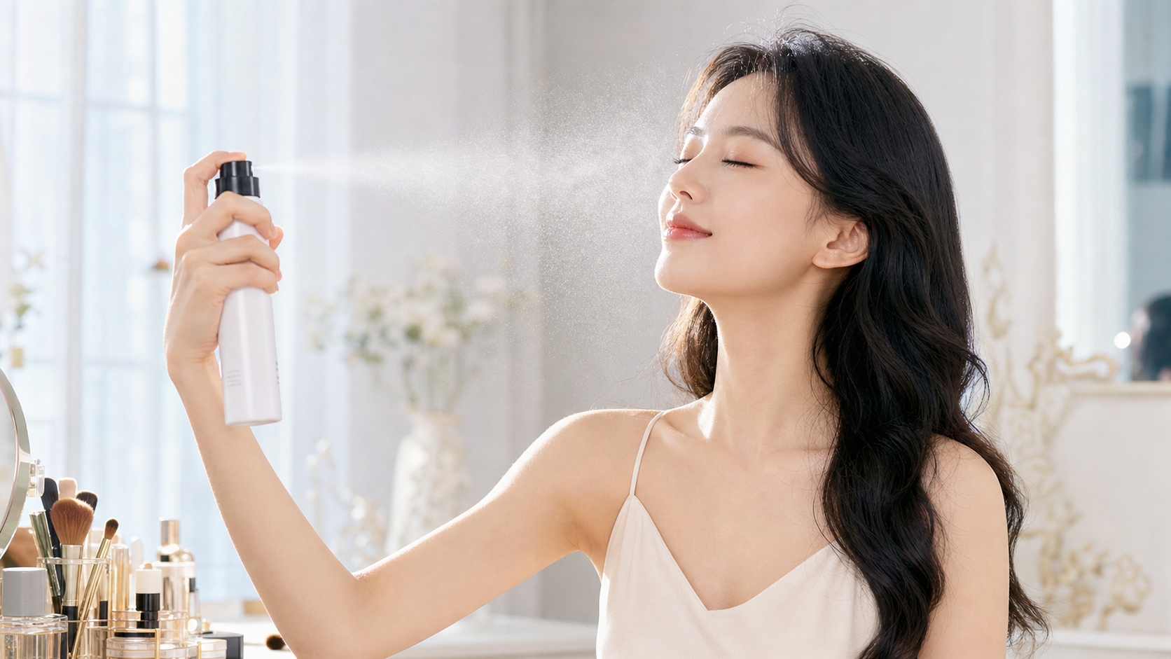 A beautiful Chinese woman applying makeup setting 