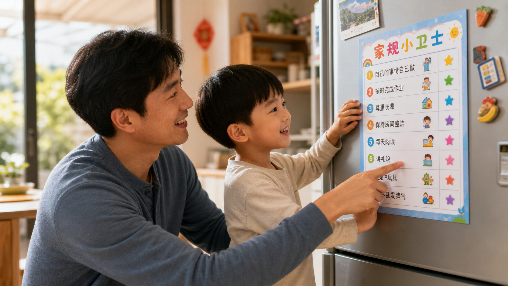 A warm indoor scene. A Chinese father and a 5-year