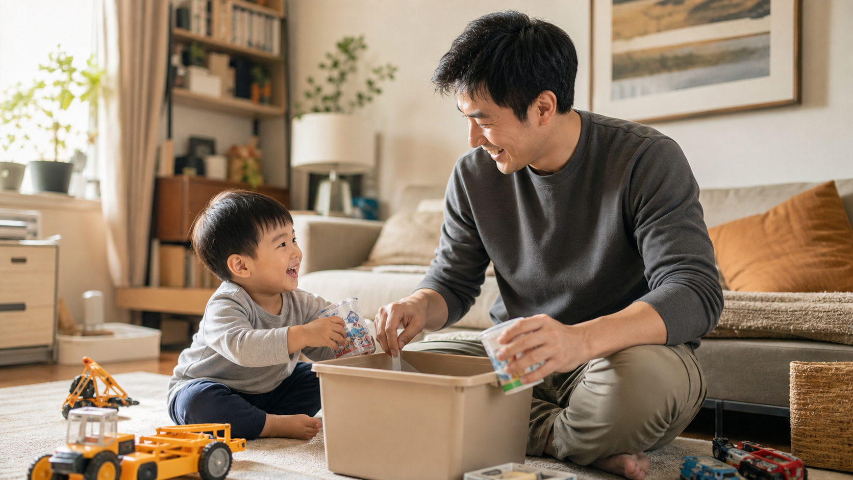 A Chinese father and his young child tidying up to