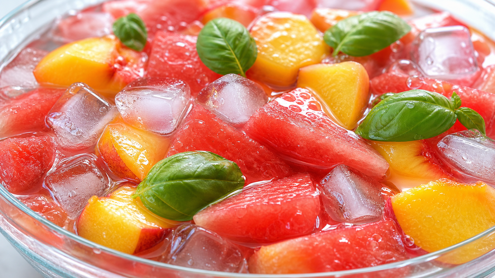 Close-up shot of fresh peach chunks and watermelon